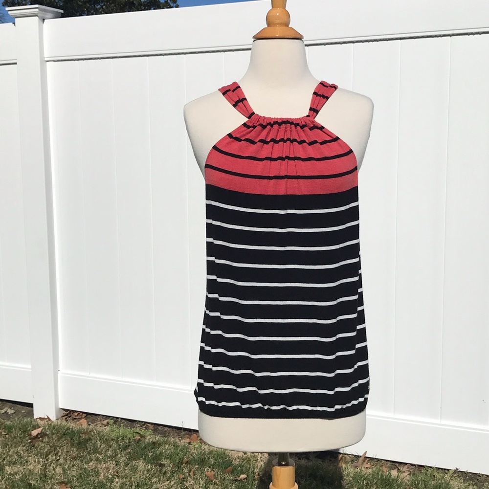 Max Studio Coral Red, White and Black Striped Halter Tank Size Medium